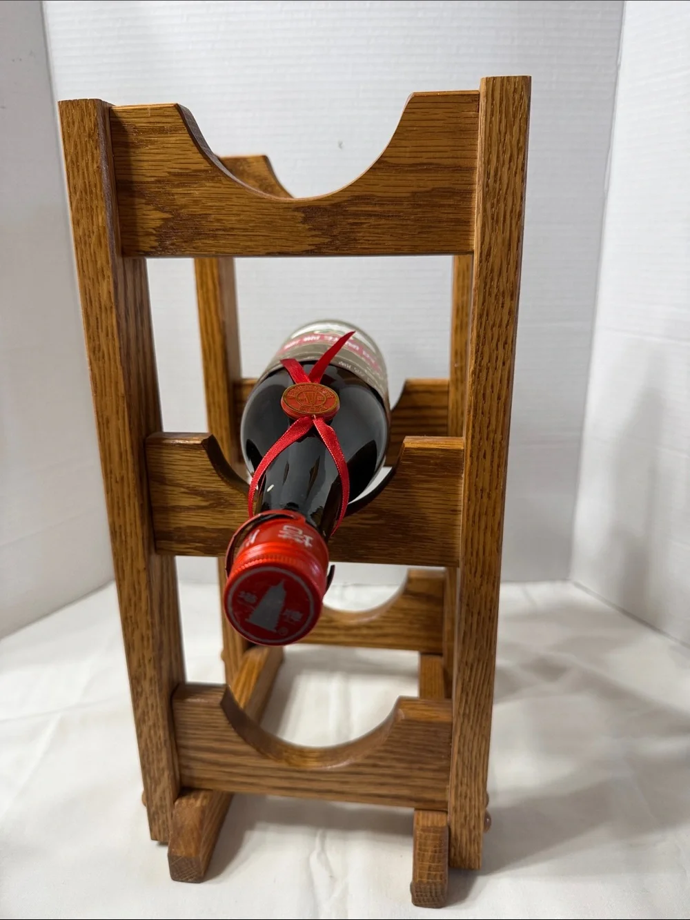 Artisan Crafted Solid Oak 3 Bottle Wine Holder Stand or Bath Towel Rack - Brown